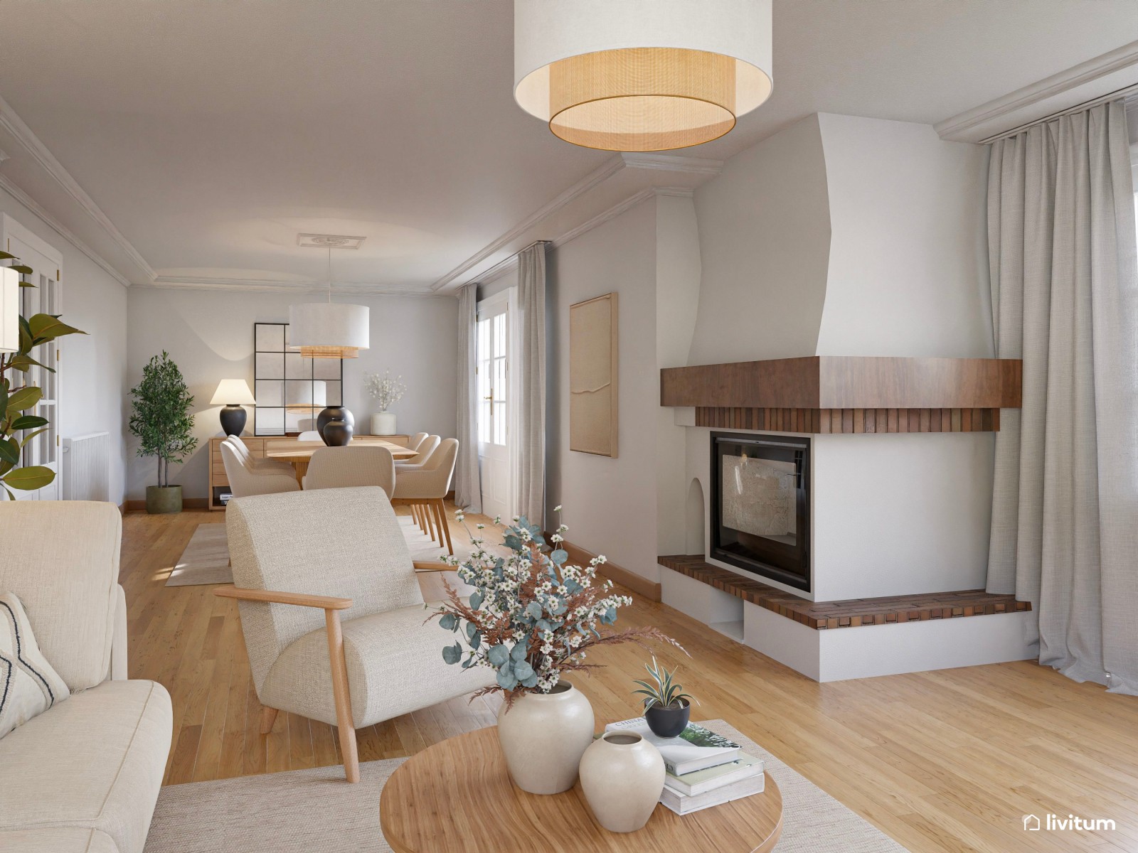 Salón comedor de estilo nórdico, en tonos claros con chimenea