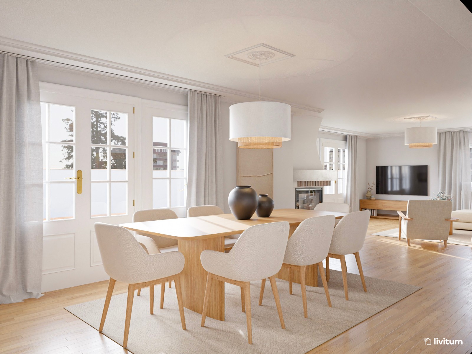 Salón comedor de estilo nórdico, en tonos claros con chimenea