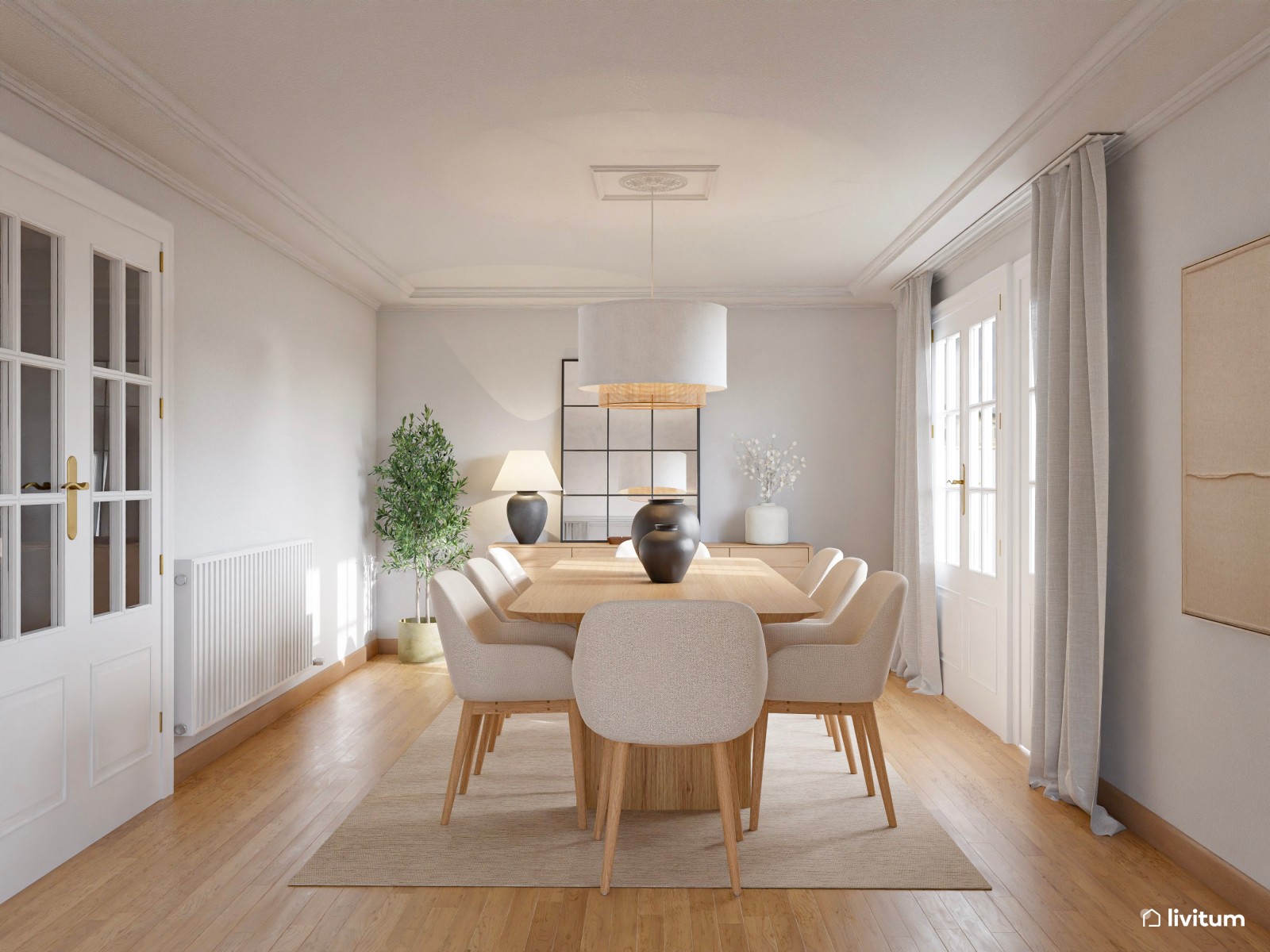 Salón comedor de estilo nórdico, en tonos claros con chimenea