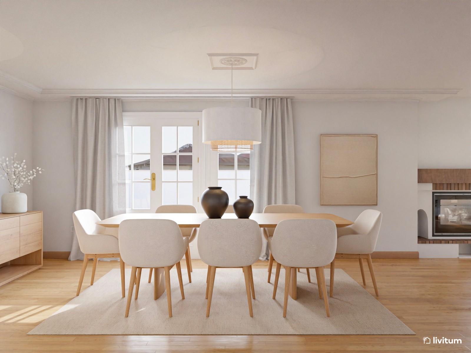 Salón comedor de estilo nórdico, en tonos claros con chimenea