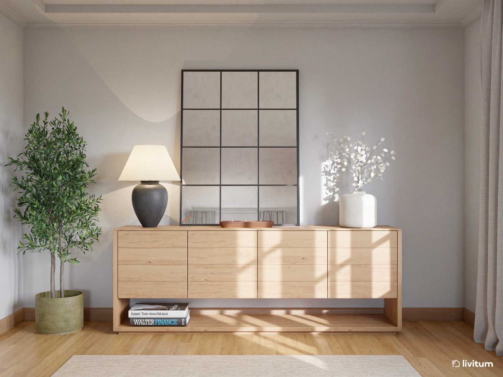 Salón comedor de estilo nórdico, en tonos claros con chimenea