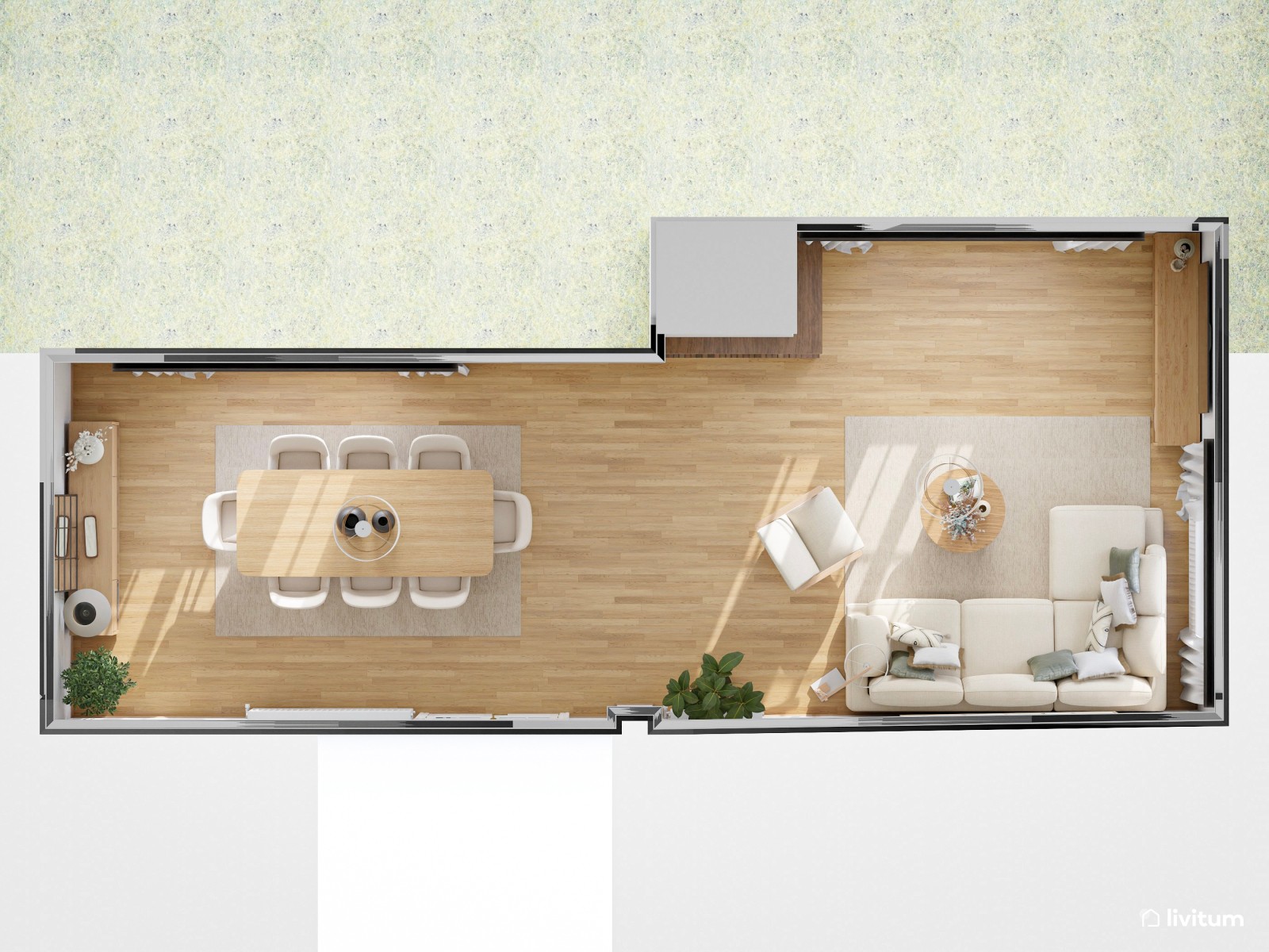 Salón comedor de estilo nórdico, en tonos claros con chimenea