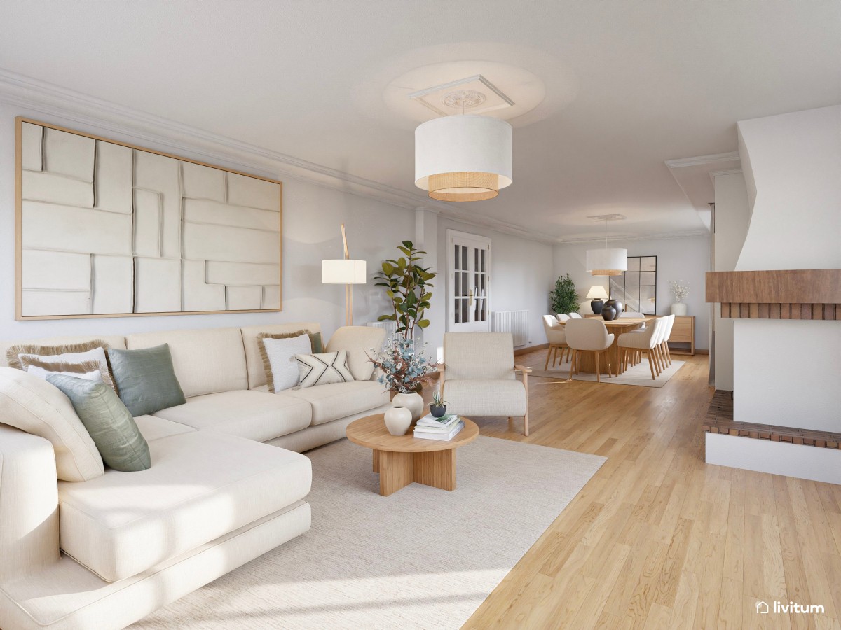 Salón comedor de estilo nórdico, en tonos claros con chimenea