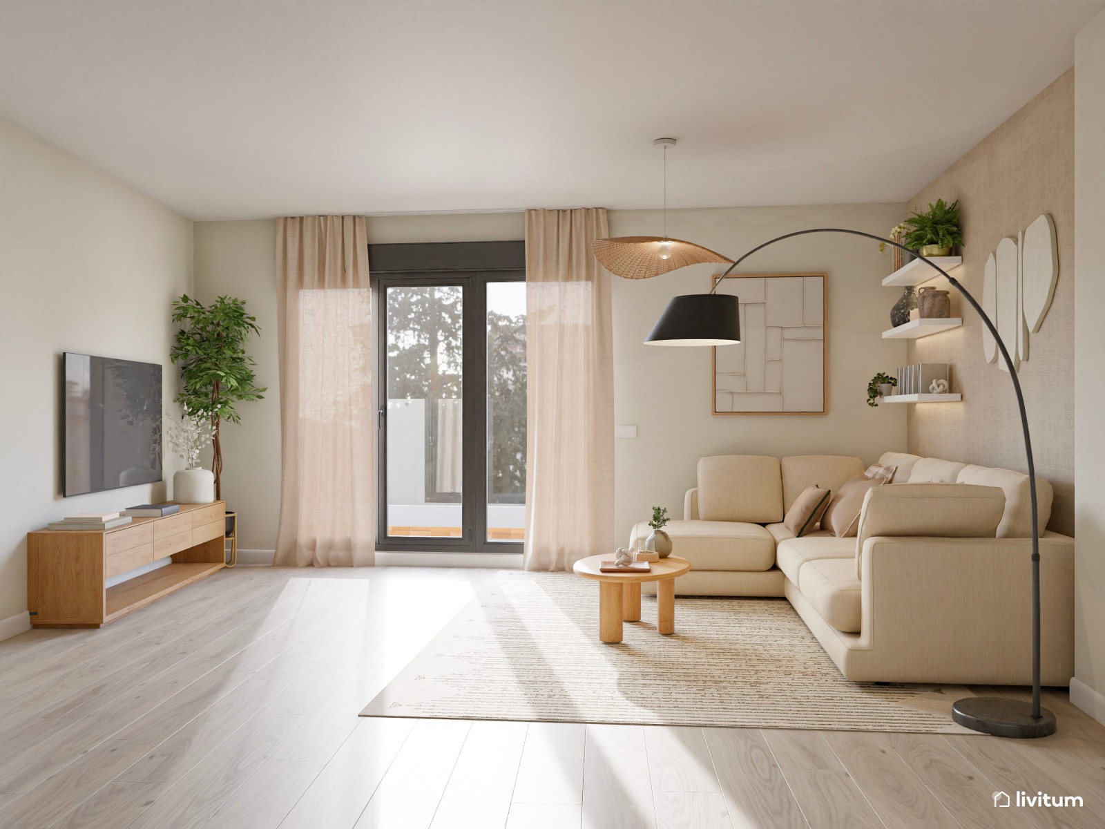 Salón comedor de estilo nórdico en tonos tierra con detalles de fibras naturales