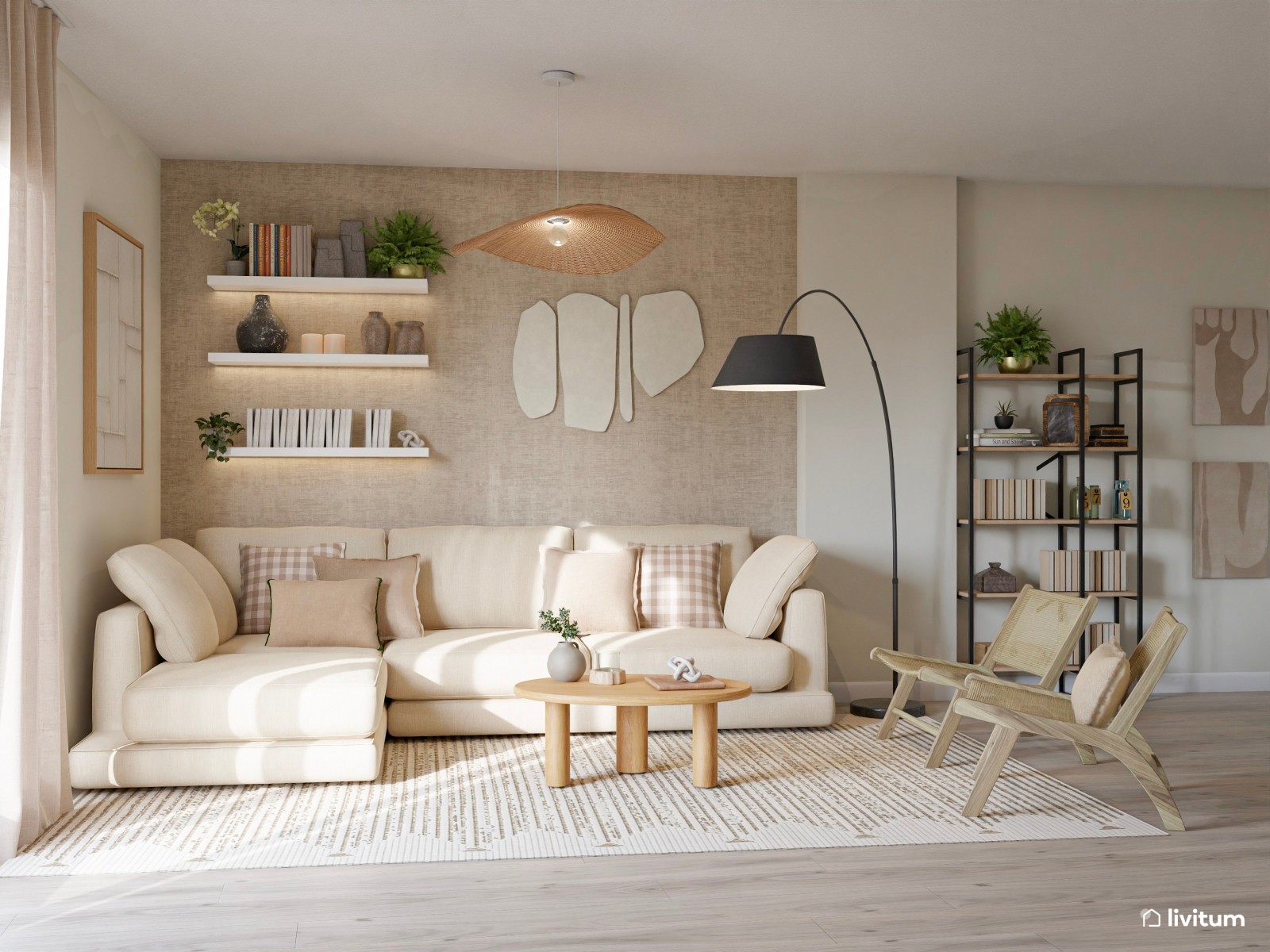Salón comedor de estilo nórdico en tonos tierra con detalles de fibras naturales