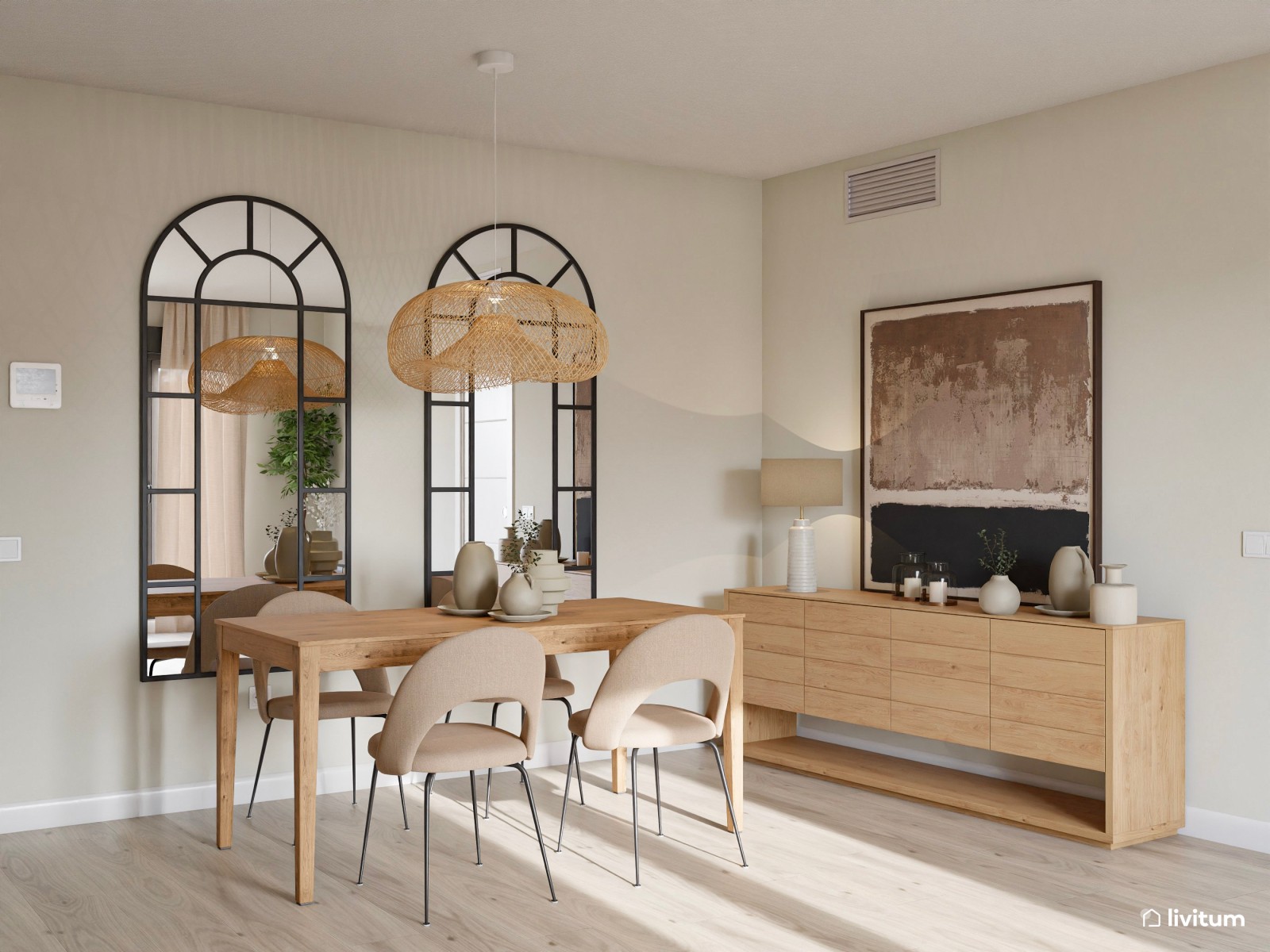 Salón comedor de estilo nórdico en tonos tierra con detalles de fibras naturales