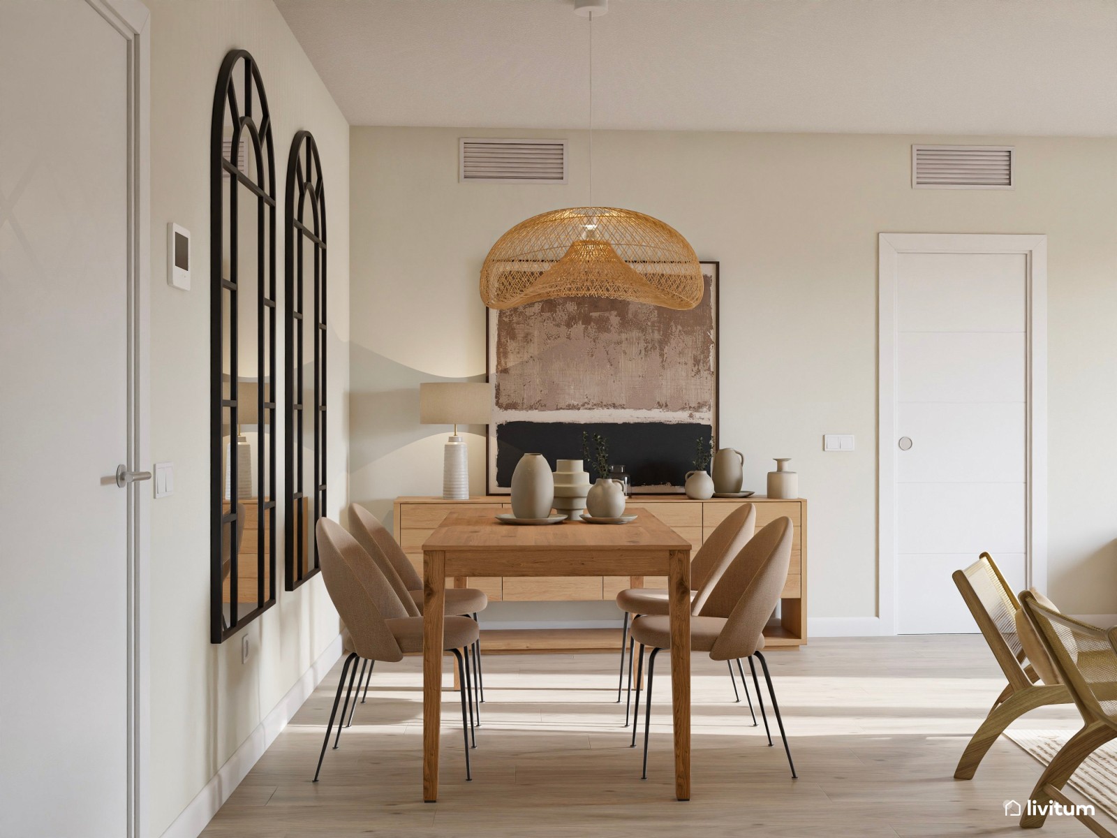 Salón comedor de estilo nórdico en tonos tierra con detalles de fibras naturales
