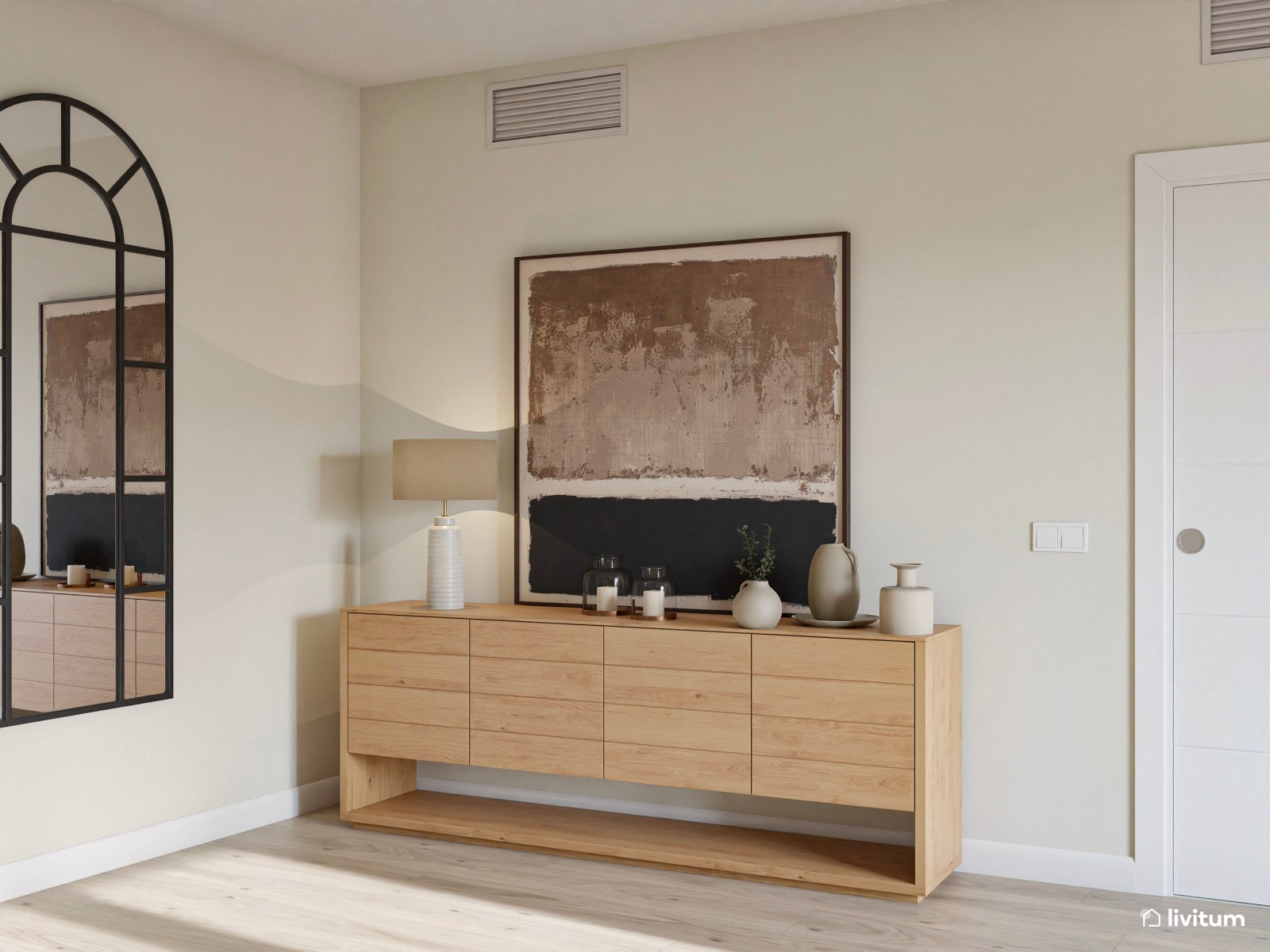 Salón comedor de estilo nórdico en tonos tierra con detalles de fibras naturales