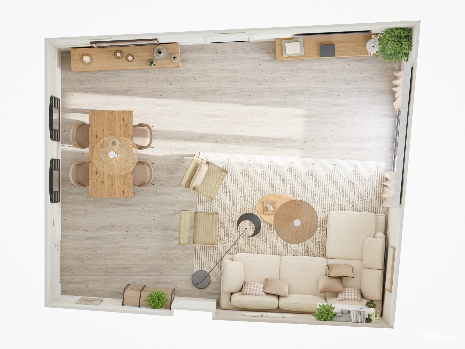 Salón comedor de estilo nórdico en tonos tierra con detalles de fibras naturales