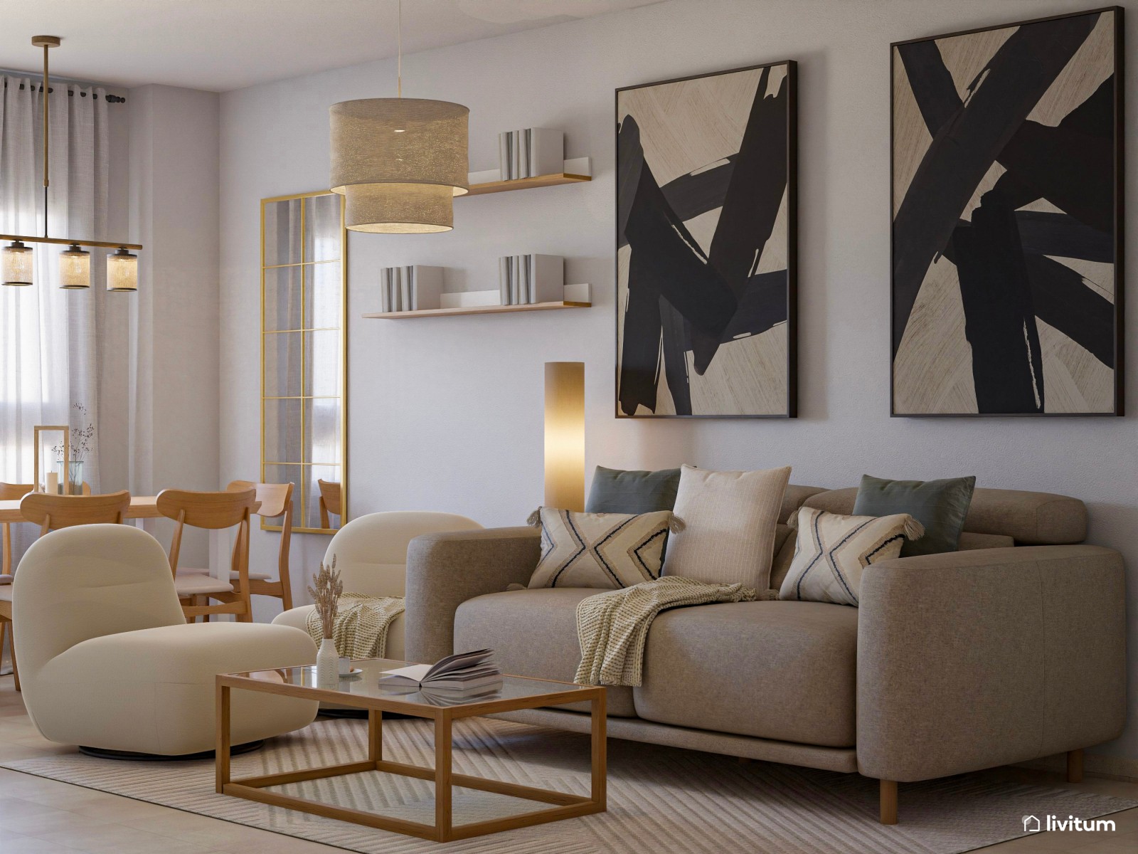 Salón comedor de estilo nórdico en tonos tierra y detalles en negro
