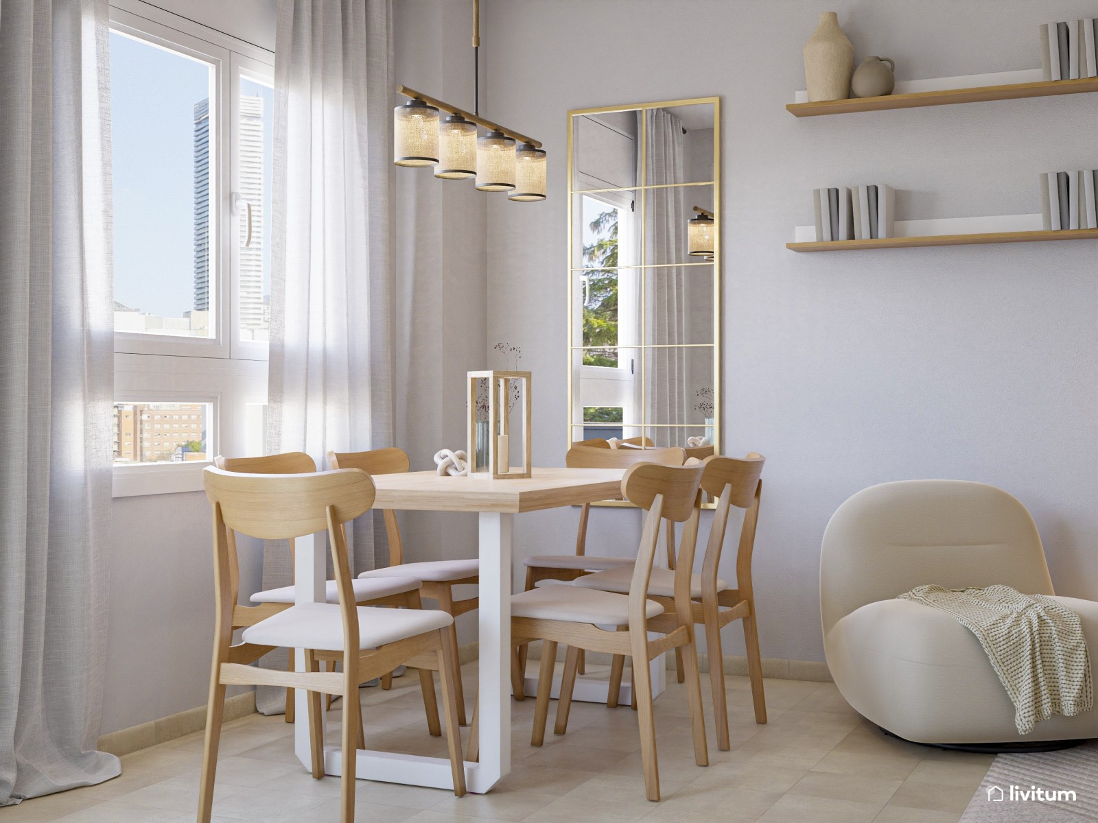 Salón comedor de estilo nórdico en tonos tierra y detalles en negro