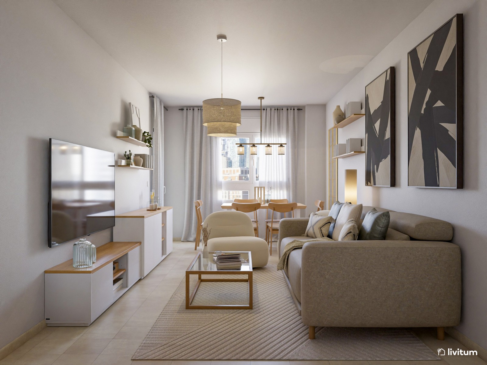 Salón comedor de estilo nórdico en tonos tierra y detalles en negro
