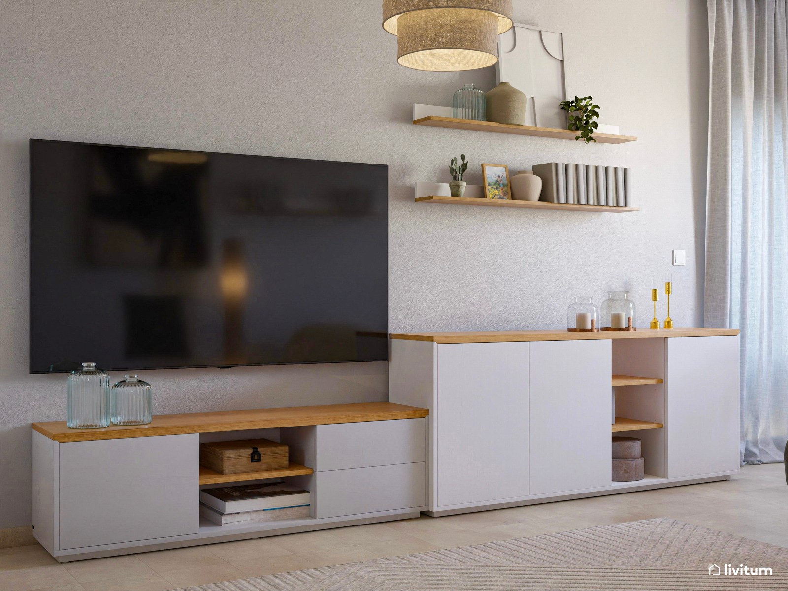 Salón comedor de estilo nórdico en tonos tierra y detalles en negro