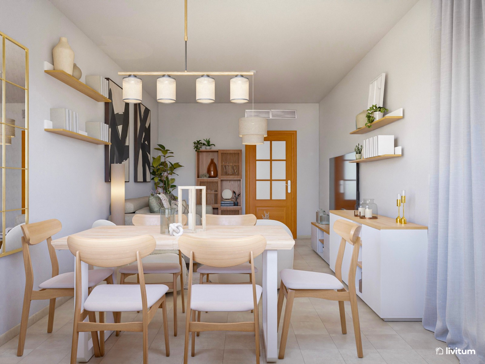 Salón comedor de estilo nórdico en tonos tierra y detalles en negro