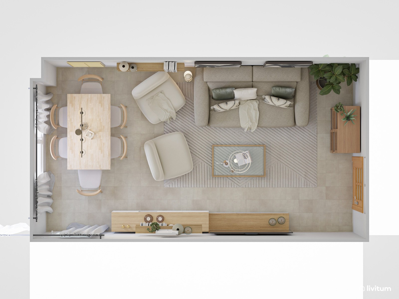 Salón comedor de estilo nórdico en tonos tierra y detalles en negro