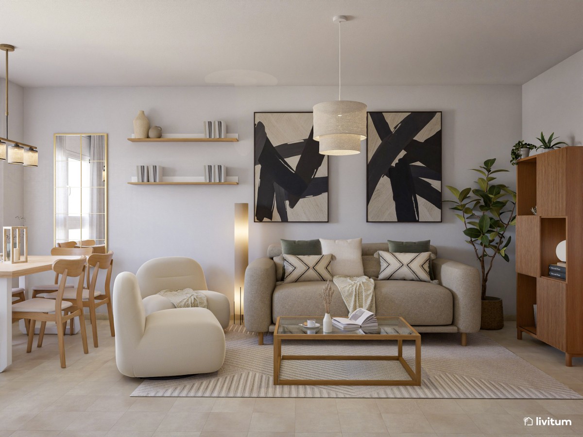 Salón comedor de estilo nórdico en tonos tierra y detalles en negro