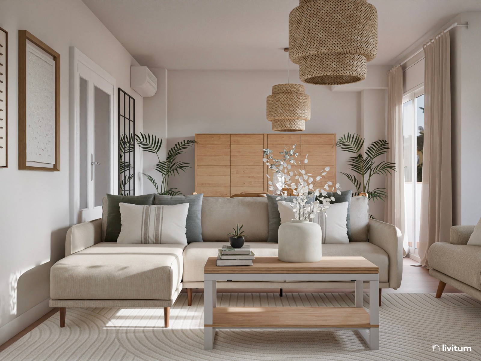 Salón comedor de estilo nórdico en tonos tierra