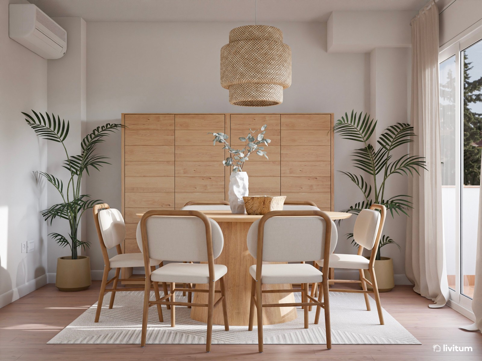 Salón comedor de estilo nórdico en tonos tierra