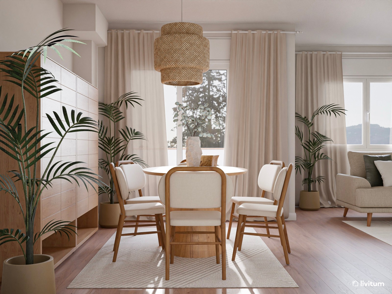 Salón comedor de estilo nórdico en tonos tierra