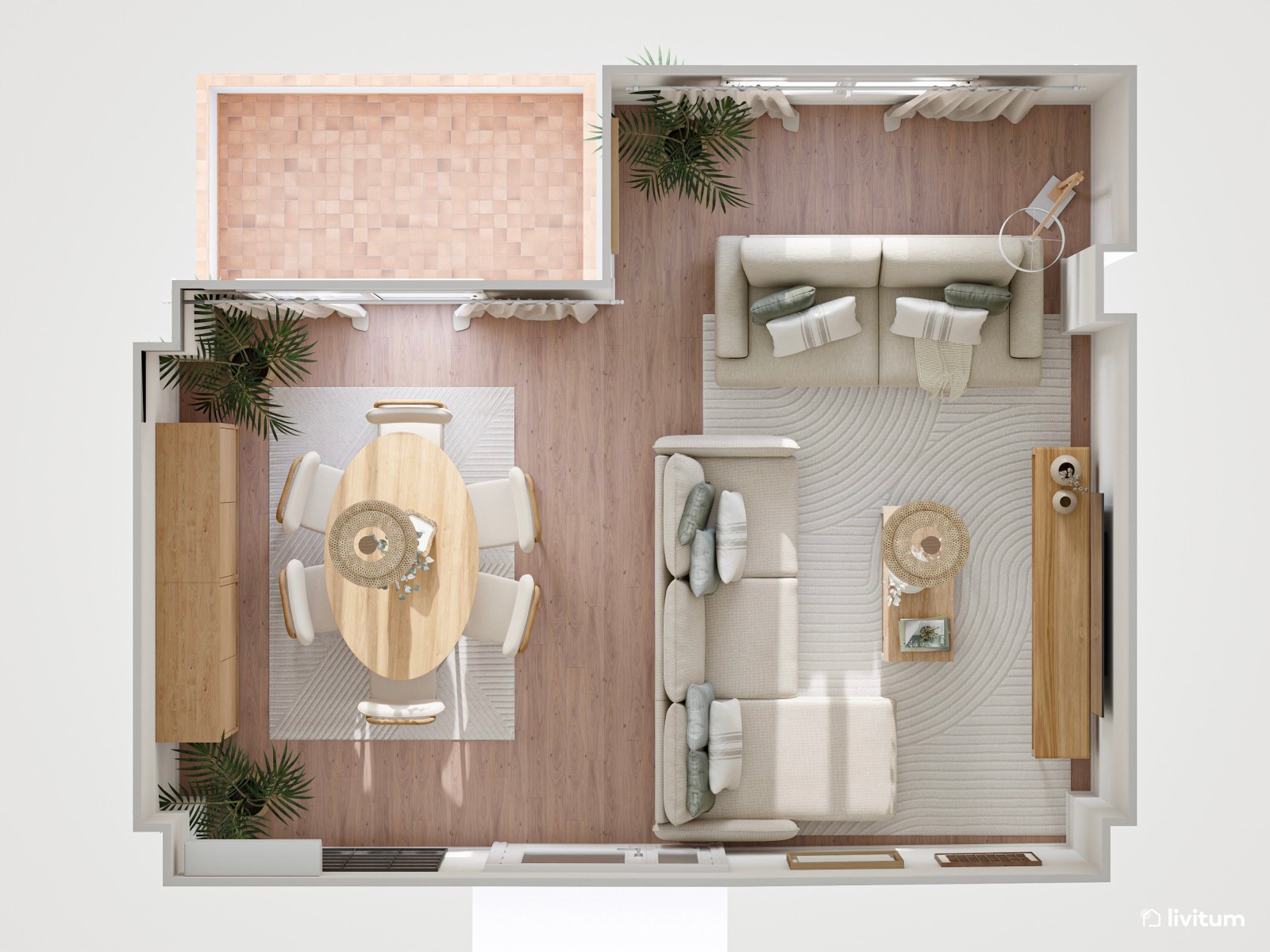 Salón comedor de estilo nórdico en tonos tierra