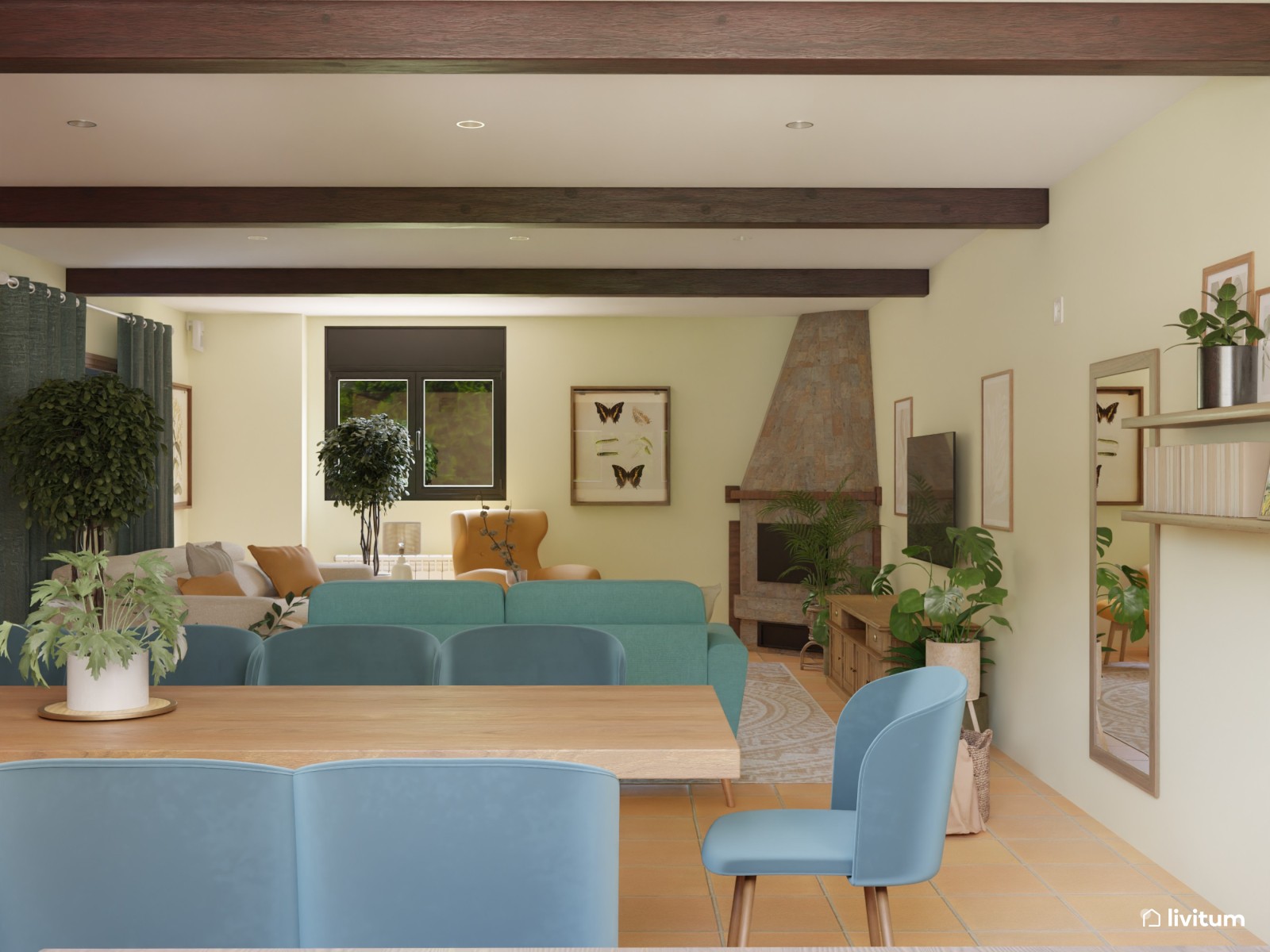 Salón comedor de estilo nórdico y colonial con mucho color 
