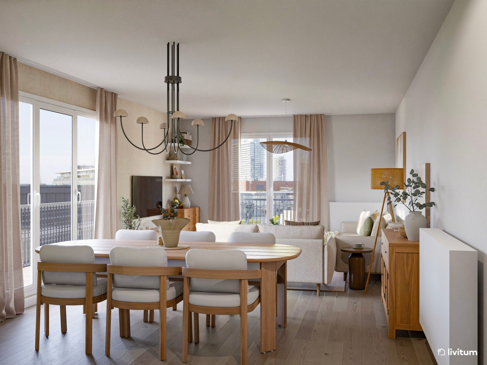 Salón comedor de estilo nórdico y rústico con doble sofá 