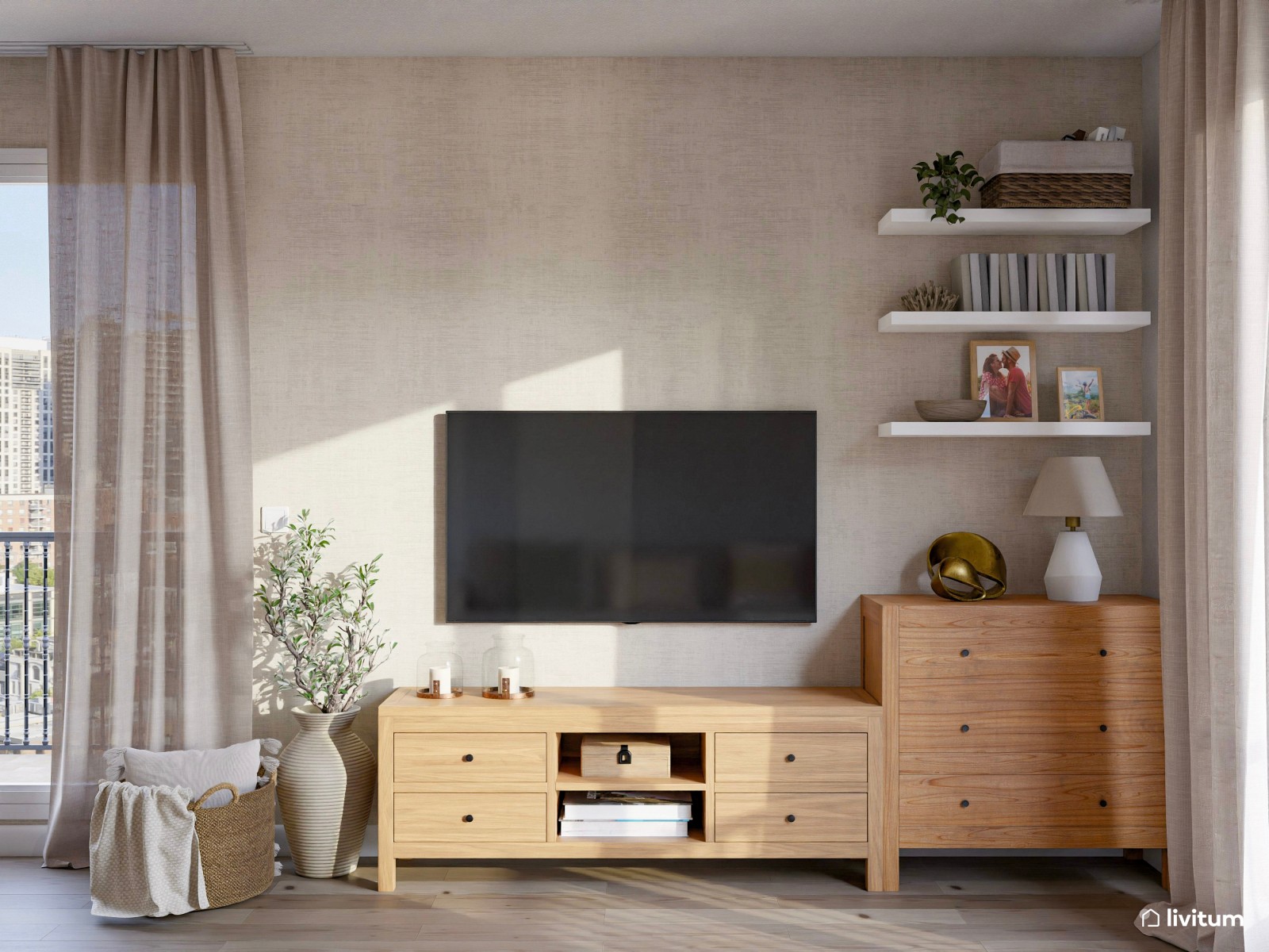 Salón comedor de estilo nórdico y rústico con doble sofá 