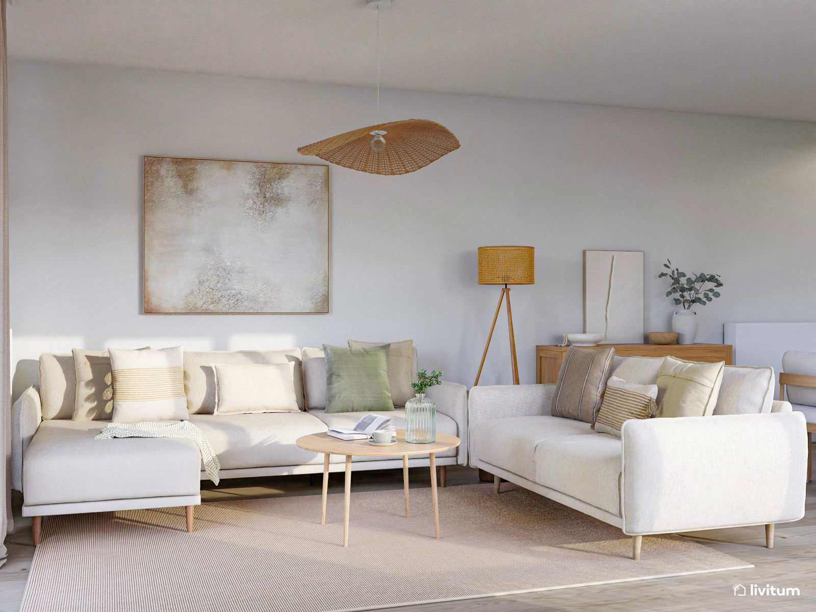 Salón comedor de estilo nórdico y rústico con doble sofá 