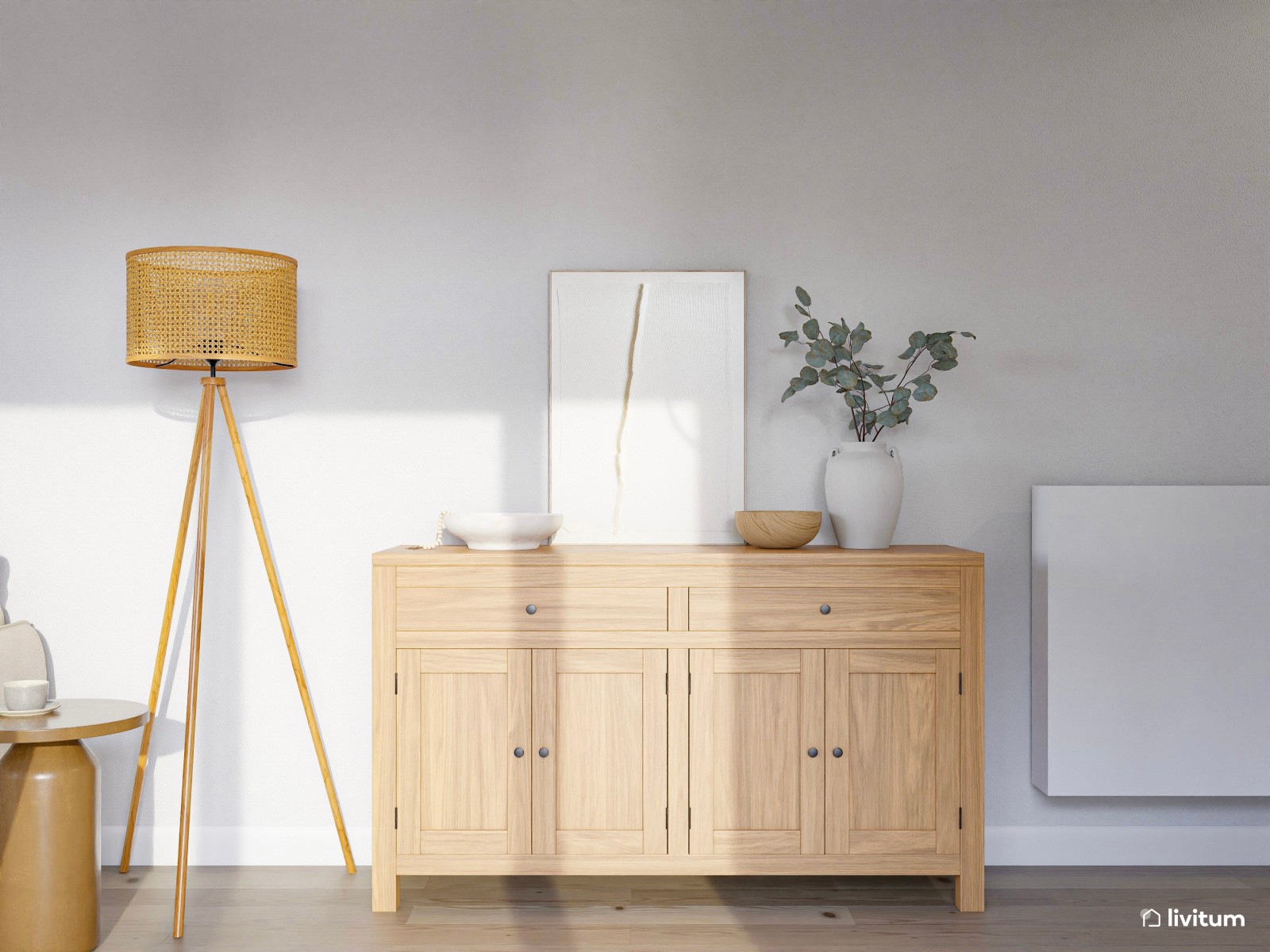 Salón comedor de estilo nórdico y rústico con doble sofá 