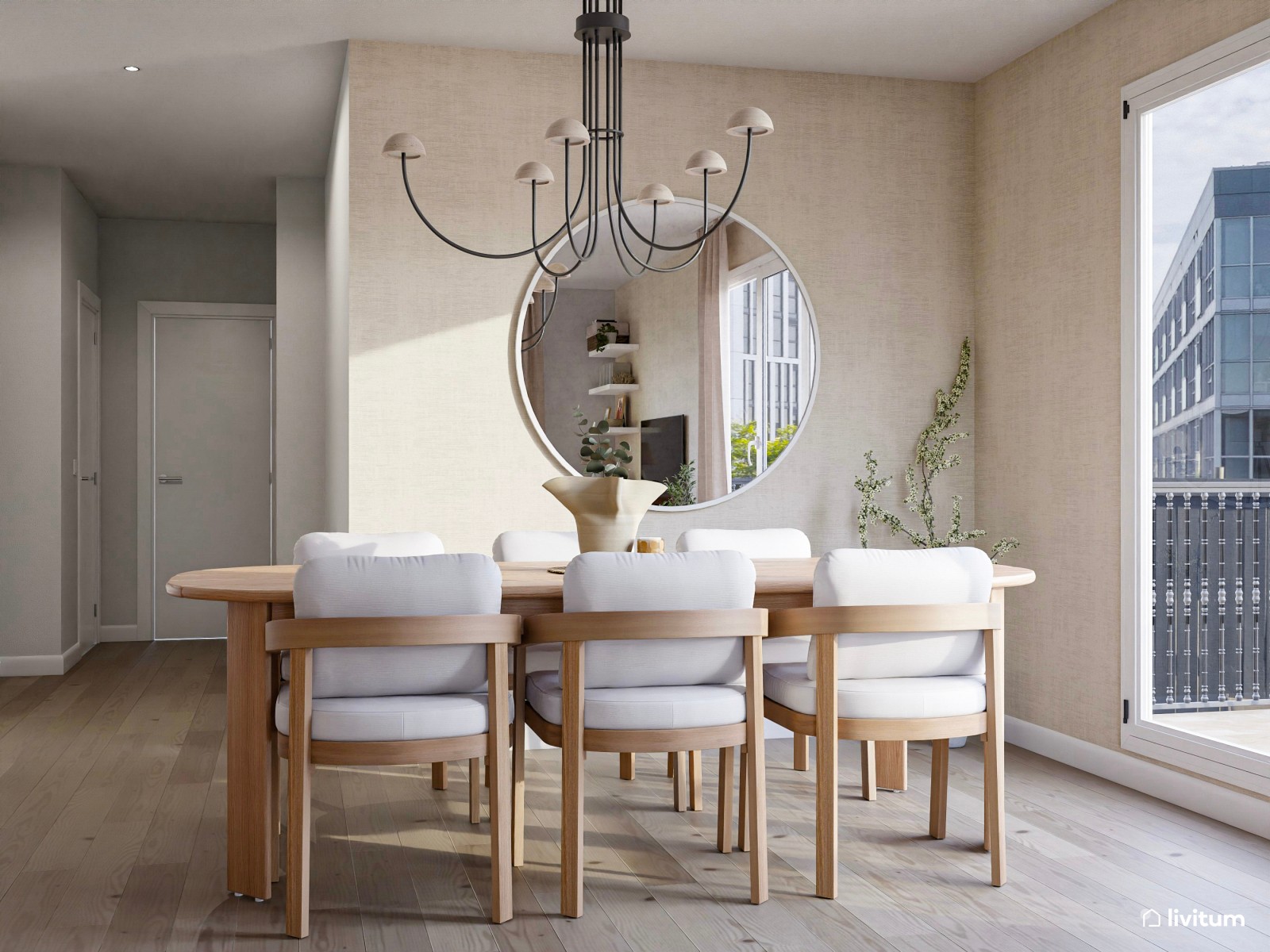 Salón comedor de estilo nórdico y rústico con doble sofá 