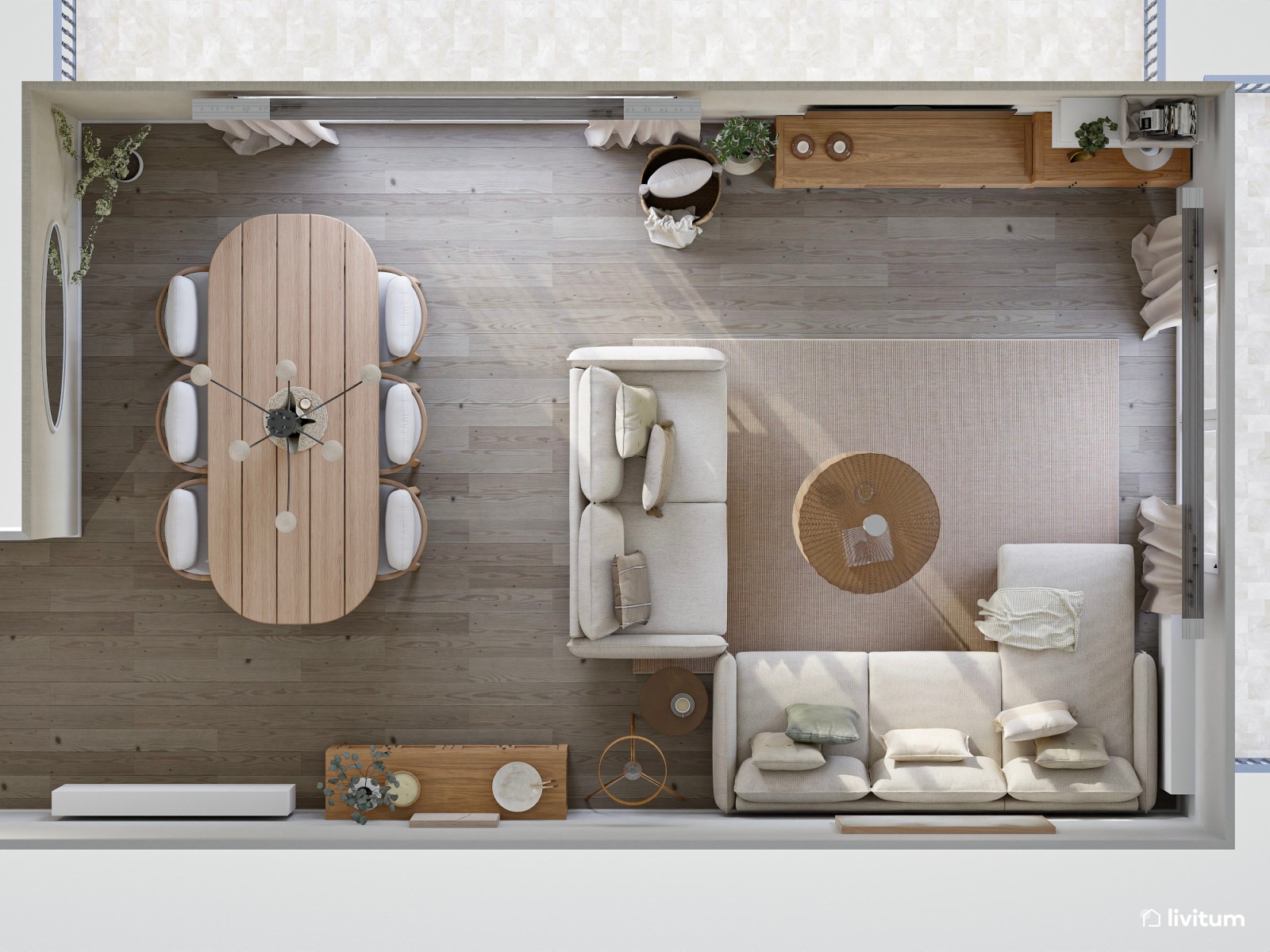 Salón comedor de estilo nórdico y rústico con doble sofá 