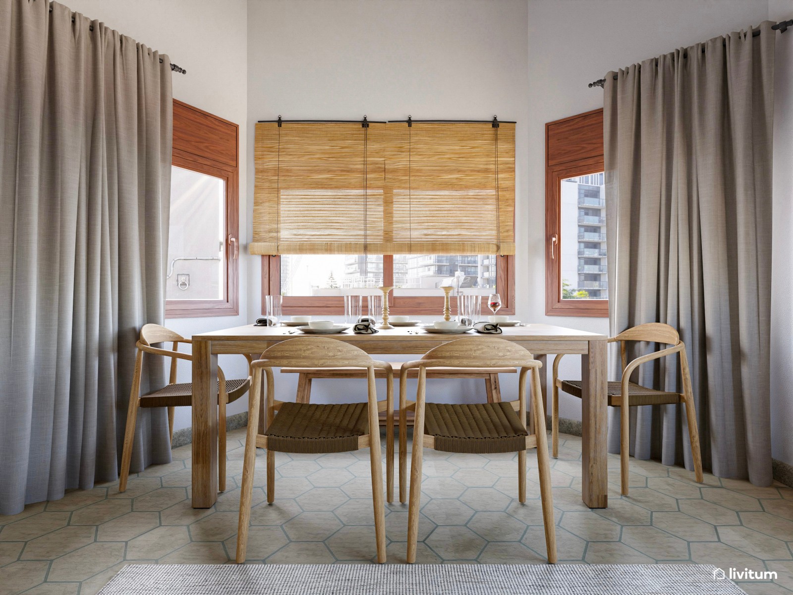 Salón comedor de estilo rústico con chimenea rinconera