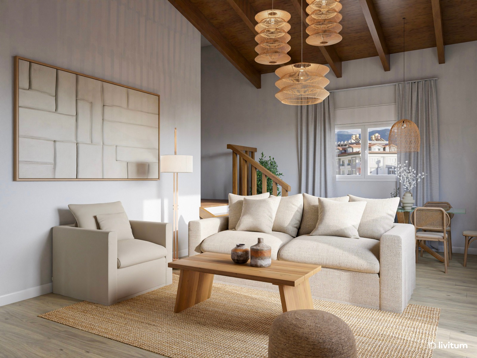 Salón comedor de estilo rústico con impresionantes lámparas de fibras naturales