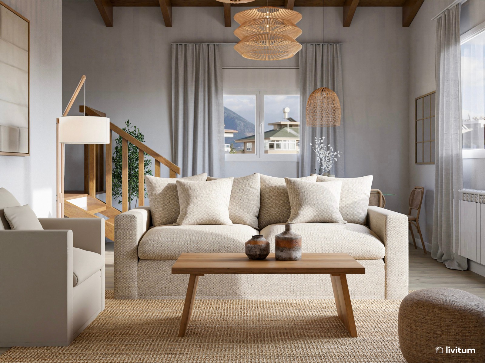 Salón comedor de estilo rústico con impresionantes lámparas de fibras naturales