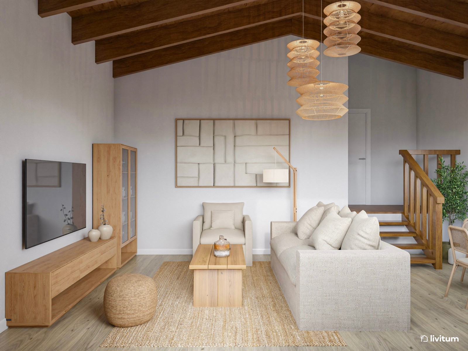 Salón comedor de estilo rústico con impresionantes lámparas de fibras naturales