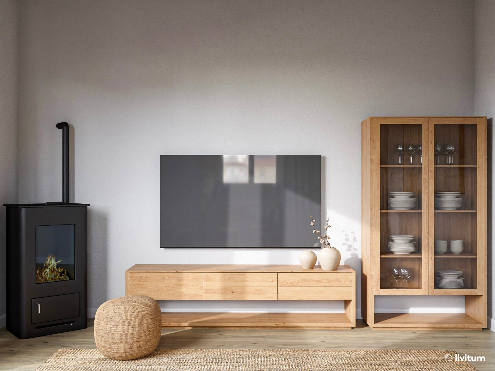 Salón comedor de estilo rústico con impresionantes lámparas de fibras naturales