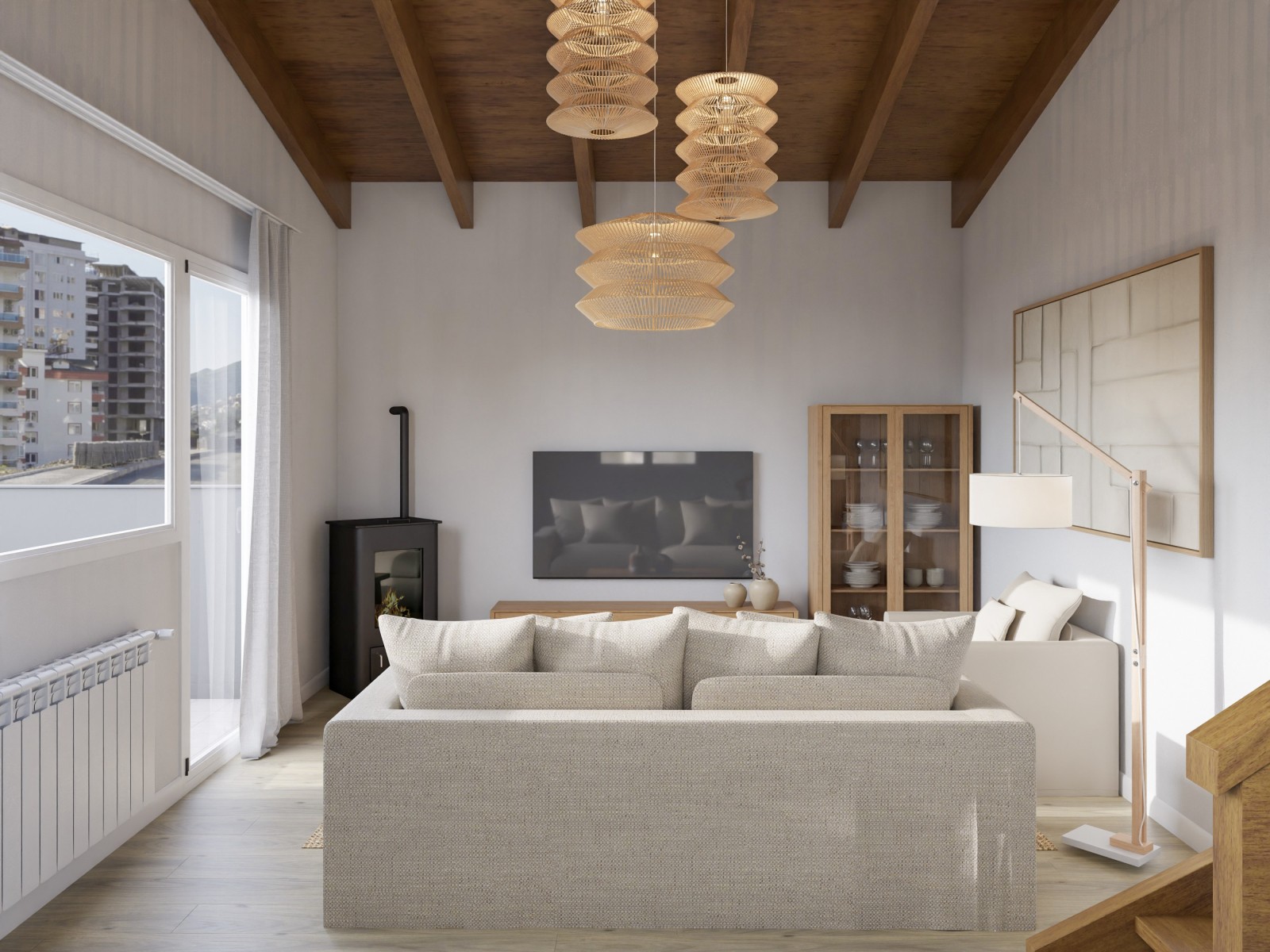 Salón comedor de estilo rústico con impresionantes lámparas de fibras naturales