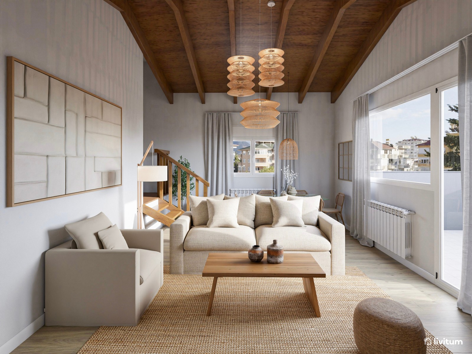 Salón comedor de estilo rústico con impresionantes lámparas de fibras naturales