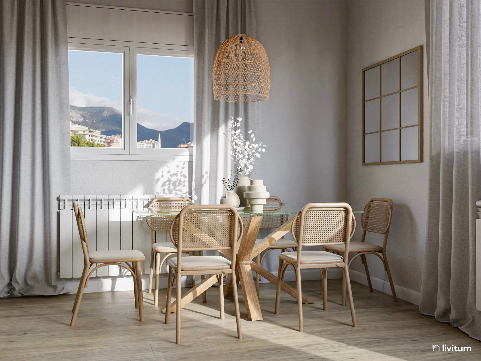 Salón comedor de estilo rústico con impresionantes lámparas de fibras naturales