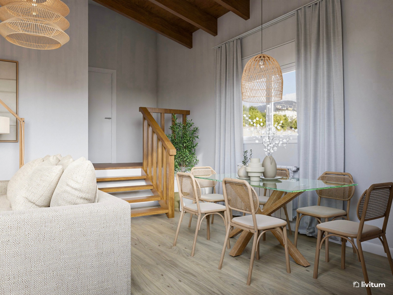 Salón comedor de estilo rústico con impresionantes lámparas de fibras naturales