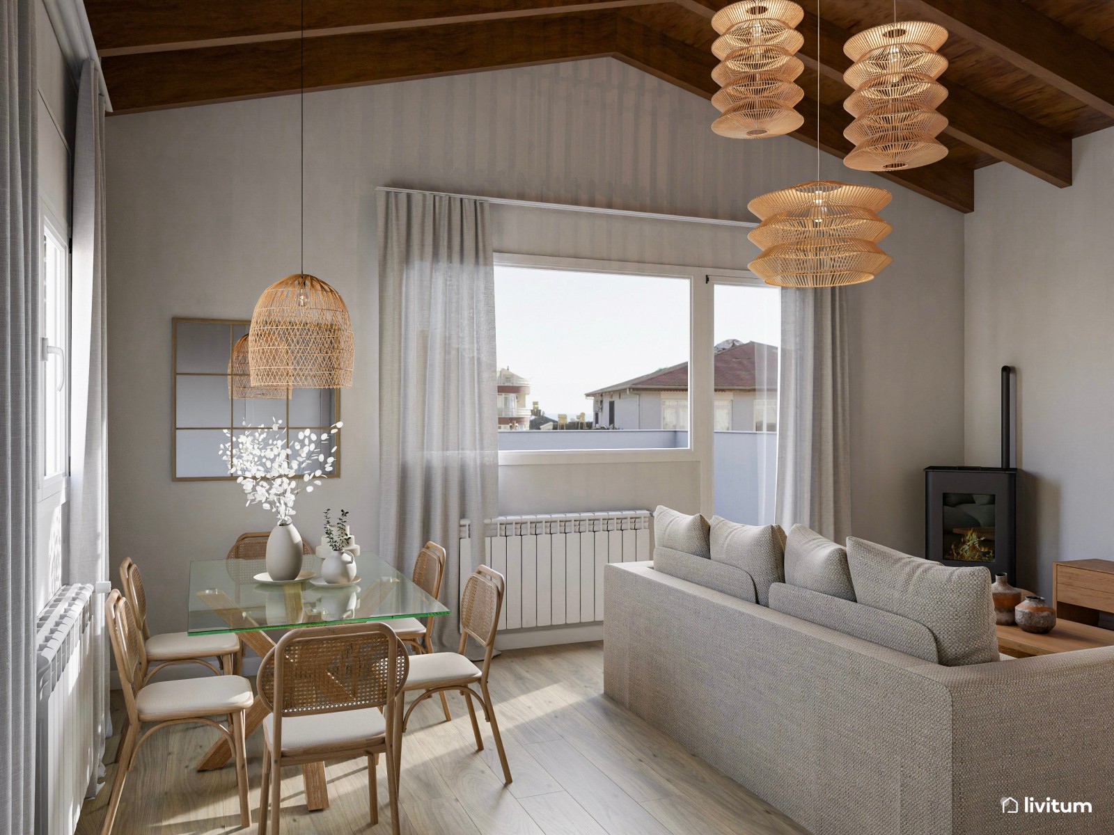 Salón comedor de estilo rústico con impresionantes lámparas de fibras naturales