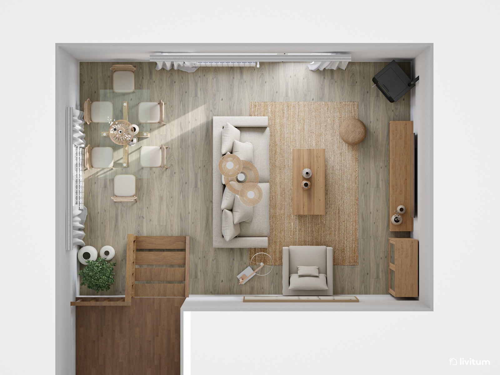 Salón comedor de estilo rústico con impresionantes lámparas de fibras naturales