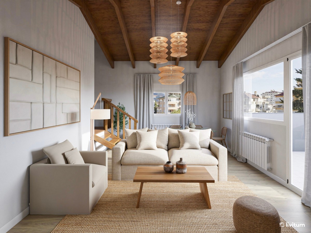 Salón comedor de estilo rústico con impresionantes lámparas de fibras naturales