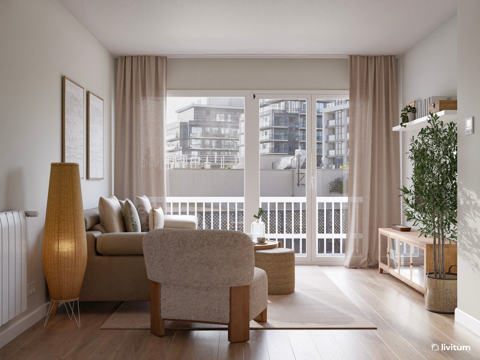 Salón comedor de estilo rústico moderno en tonos gris y tierra