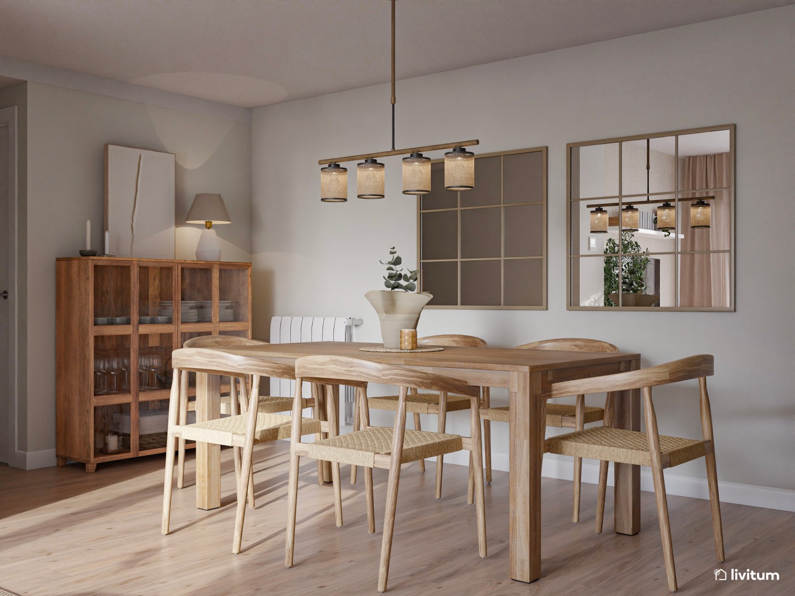 Salón comedor de estilo rústico moderno en tonos gris y tierra