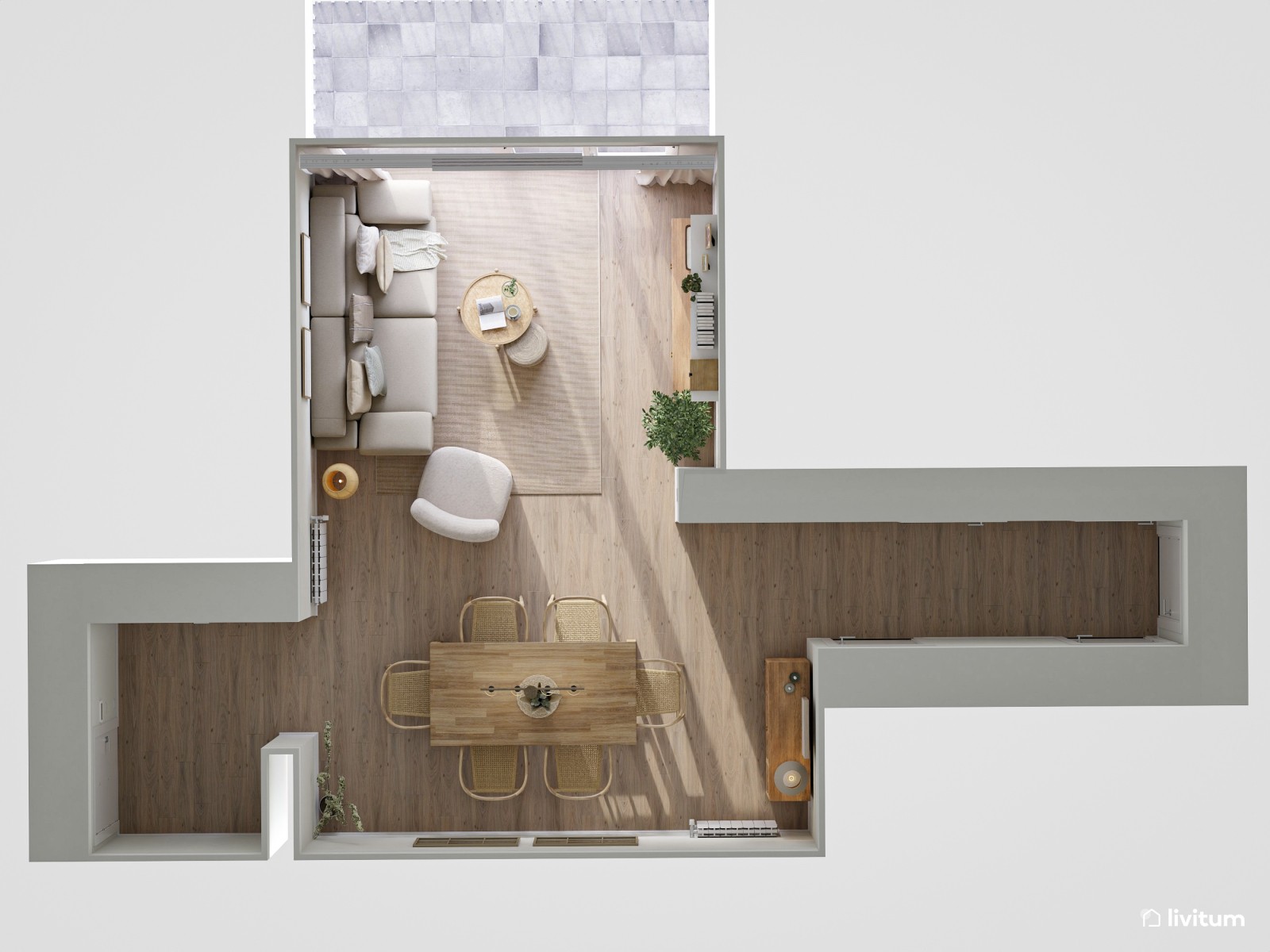 Salón comedor de estilo rústico moderno en tonos gris y tierra