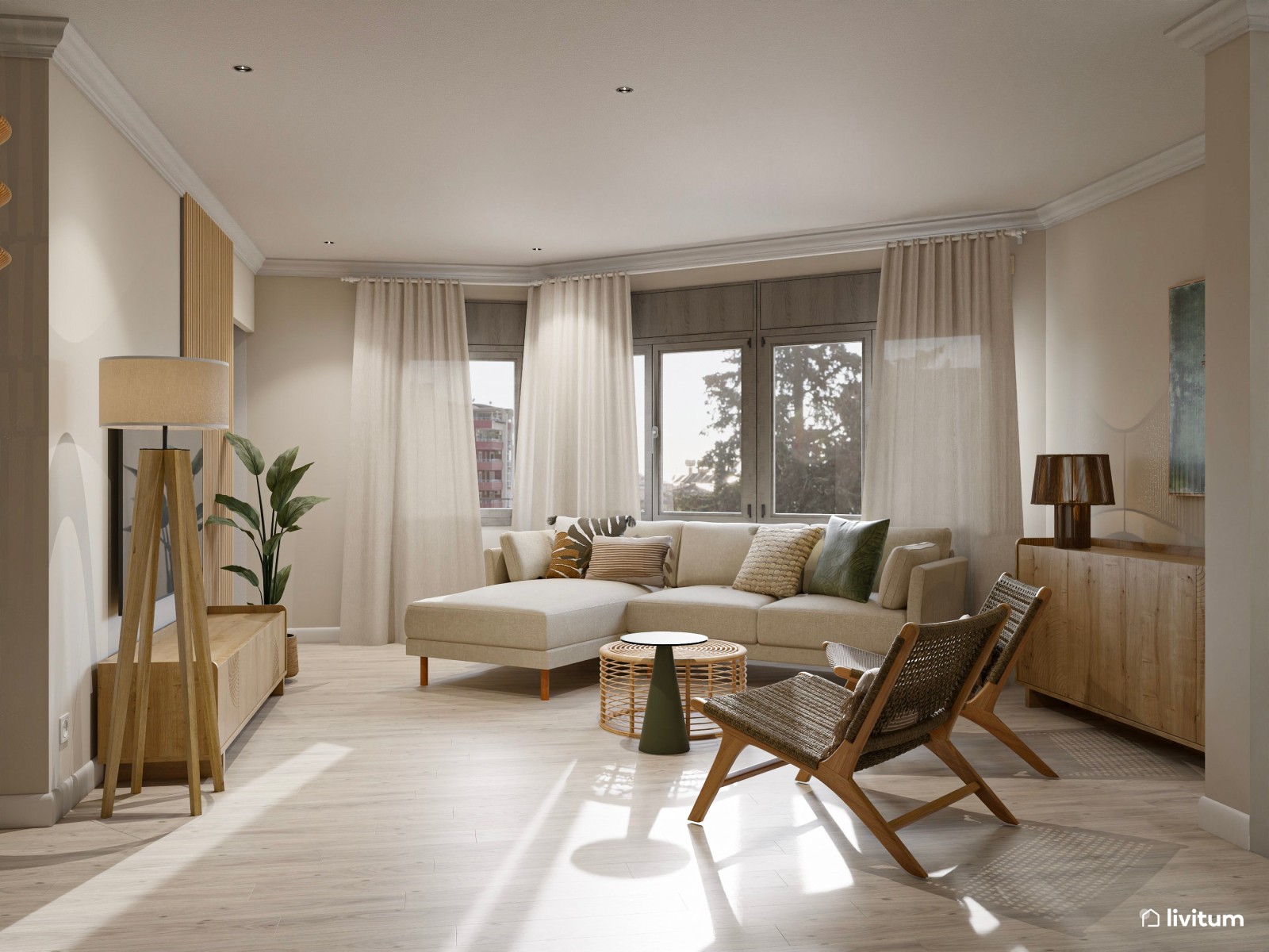 Salón comedor de estilo rústico moderno que combina madera + fibras naturales + verde