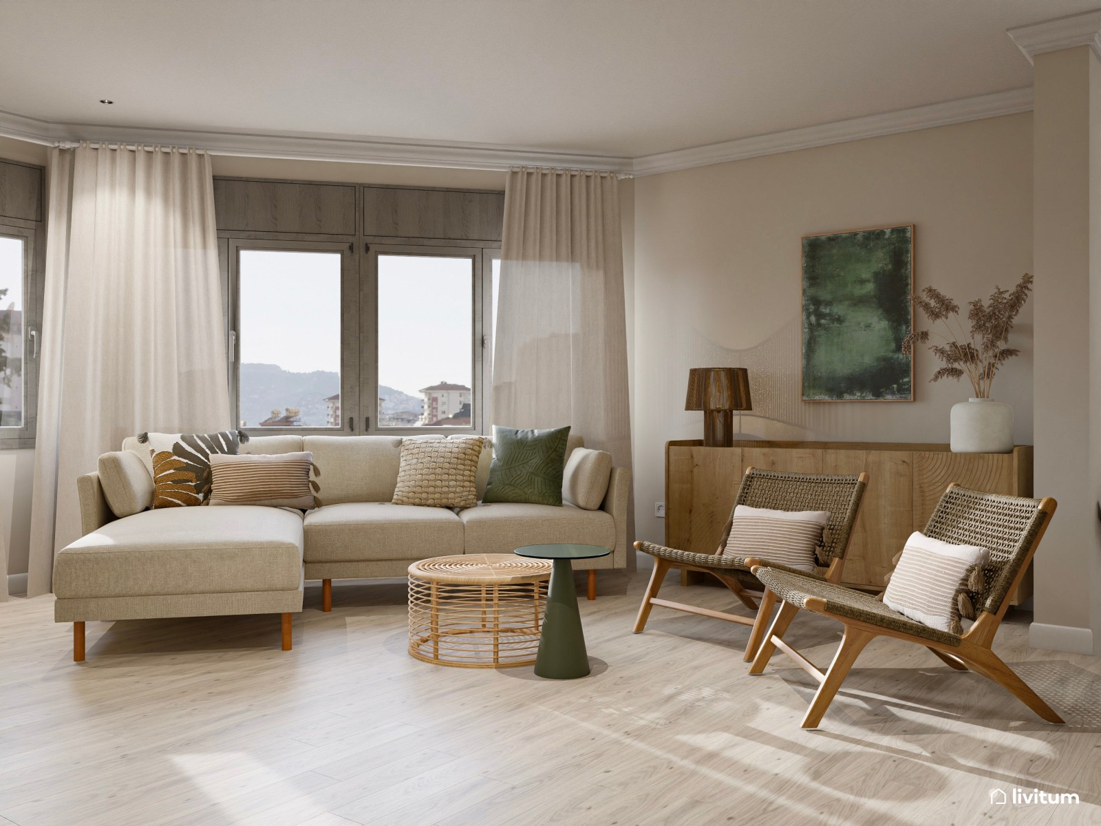 Salón comedor de estilo rústico moderno que combina madera + fibras naturales + verde