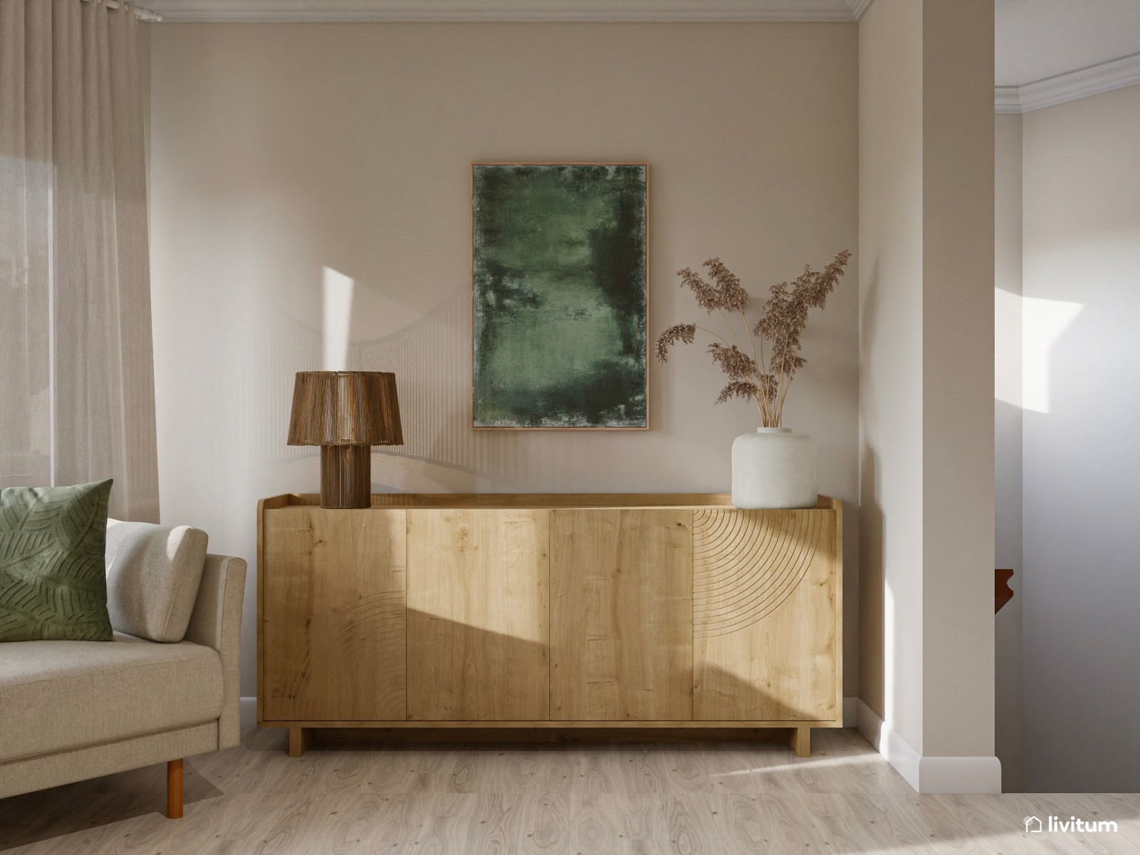 Salón comedor de estilo rústico moderno que combina madera + fibras naturales + verde