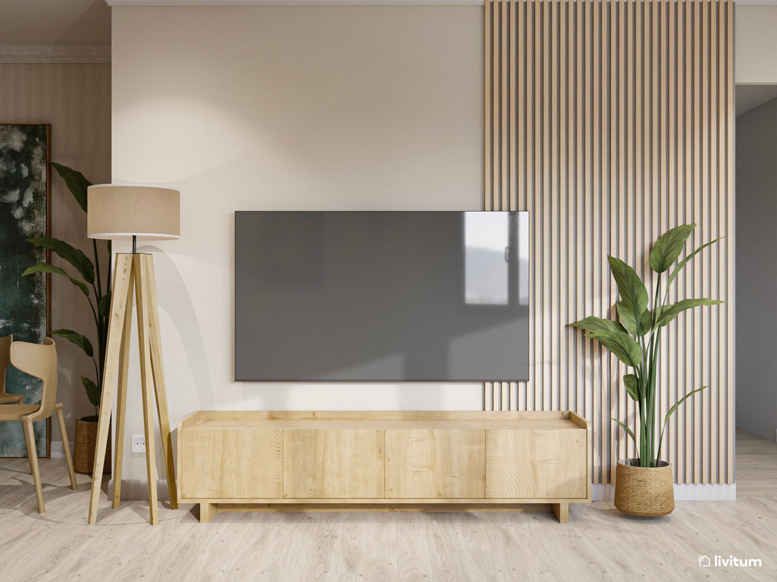 Salón comedor de estilo rústico moderno que combina madera + fibras naturales + verde